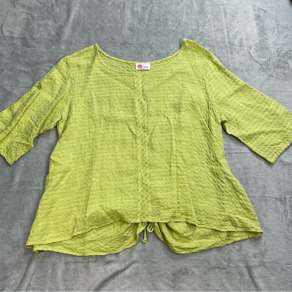 Linnea Blouse Large Womens Linen Blend Textured Cinch Back Boxy Lagenlook Lime